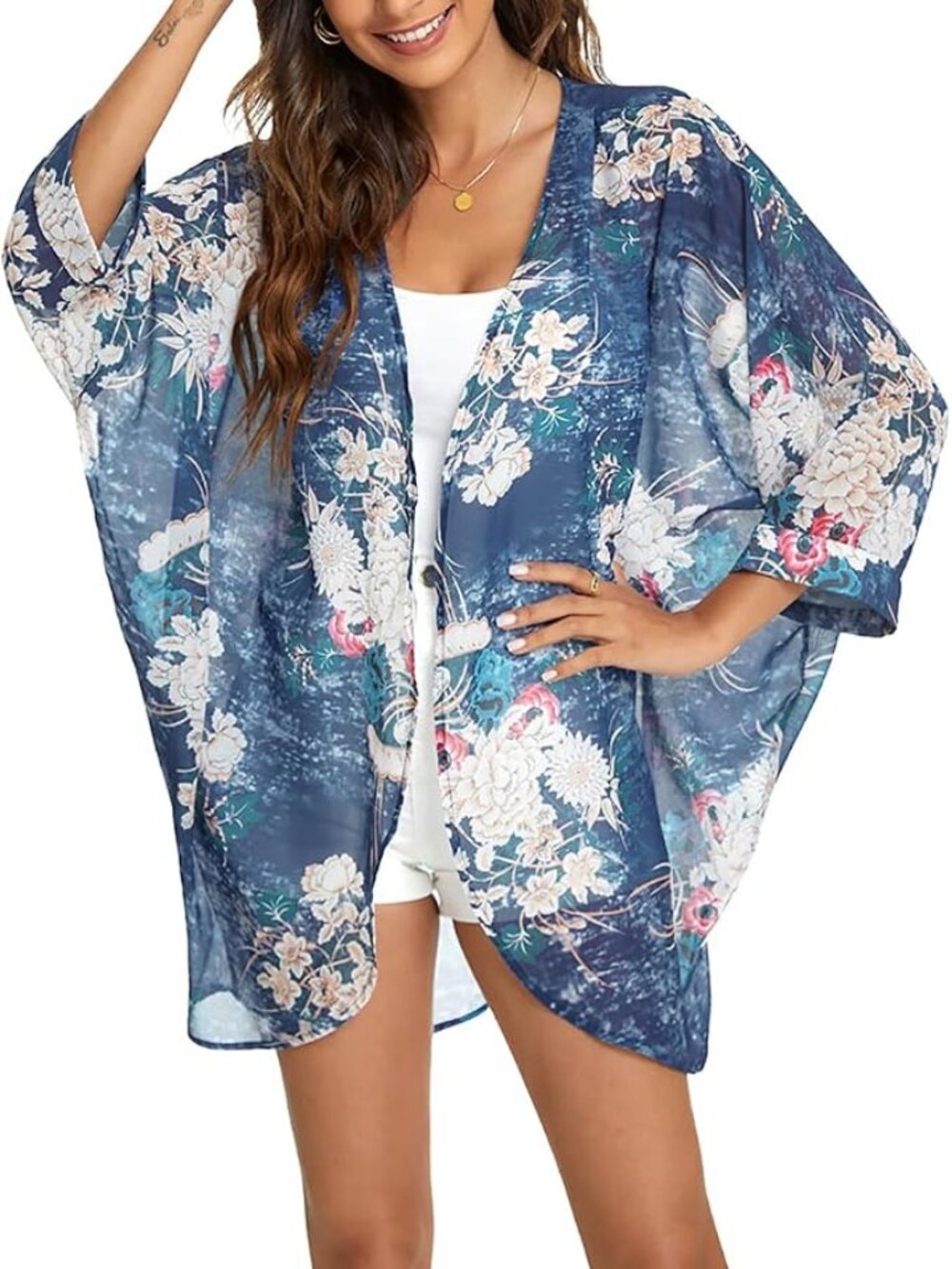 Women's Floral Print Sheer Chiffon 3/4 Cuffed Bat Sleeve Kimono Size XXL NEW